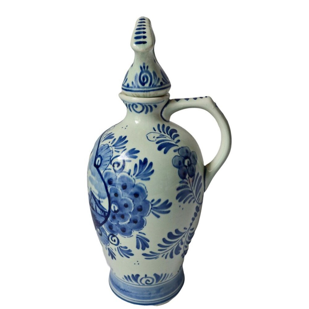 Vintage Delft Blue Blauw Erven Lucas Bols  Handled Jug Blue Windmill Flowers  19